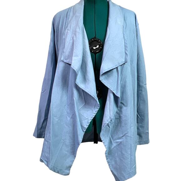 Chambray Waterfall Cardigan XL Blue Asymmetrical Open Front Roll Tab Sweater XL - Picture 12 of 13